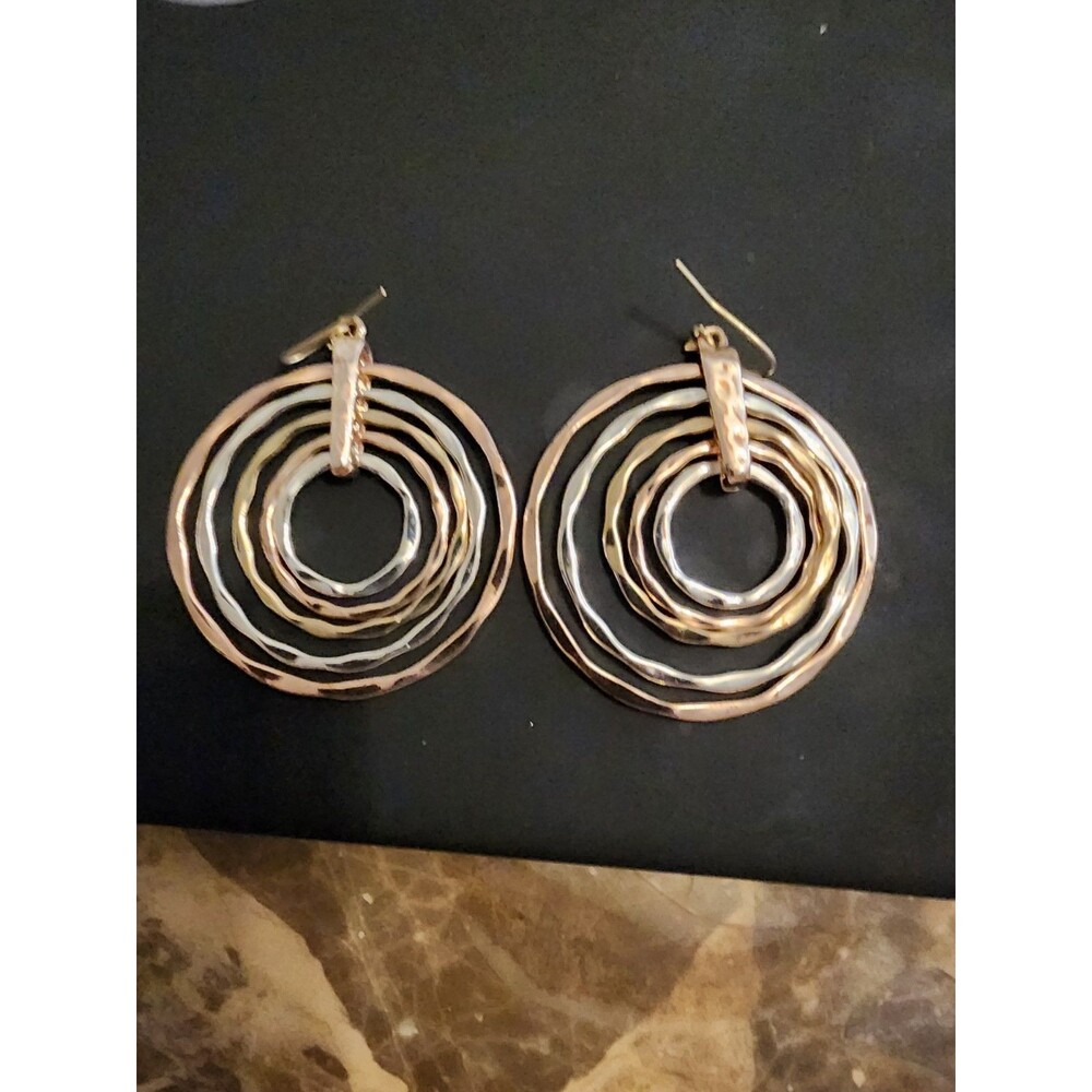 Retro Cleopatra Hammered Gold And Silver CIRCLES  Dangle Earrings